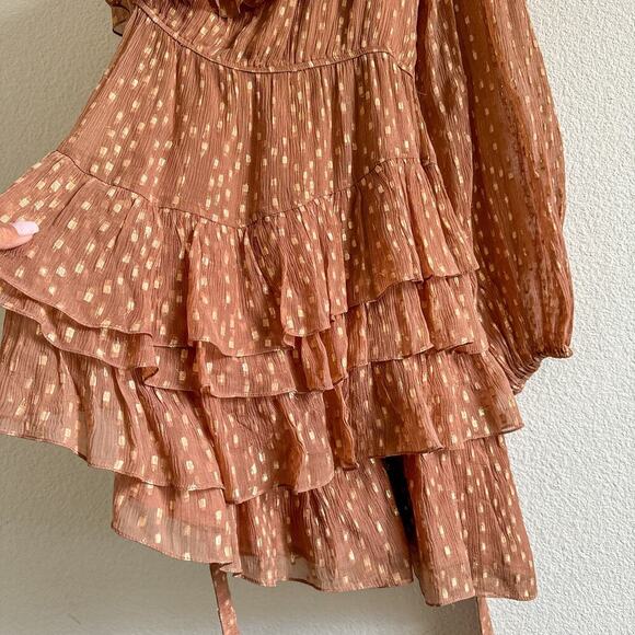 Rococo Sand Aine One Shoulder Mini Chiffon Ruffle Dress Tan Gold Small - Picture 5 of 14